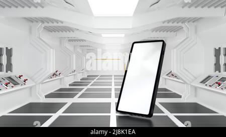 Smartphone im Raumschiff oder Raumstation Innenraum, Sci Fi Tunnel, Online-Markt Internet-Banking-Konzept, 3D Rendering. Stockfoto