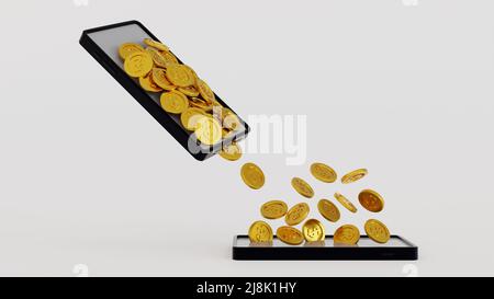 Mobile Banking-Konzept, Coin-Wechsel von Smartphone zu anderem Handy, Online-Geldtransfer-E-Wallet, 3D Rendering. Stockfoto