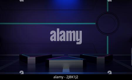 Modernes Podium im Raumschiff- oder Raumstation-Innenraum, Sci Fi-Tunnel, Bühne zur Produktpräsentation, 3D Rendering. Stockfoto