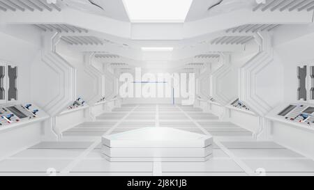 Modernes Podium im Raumschiff- oder Raumstation-Innenraum, Sci Fi-Tunnel, Bühne zur Produktpräsentation, 3D Rendering. Stockfoto