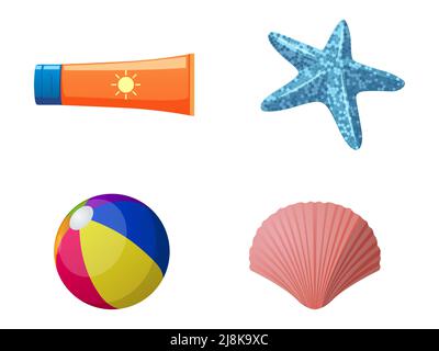 Sonnenschirm, Seestern, Strandball und Meeresmuschel isolierte Illustrationen Set Stock Vektor