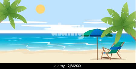 Strand mit Palme und Stuhl, Sonnenschirm, Sommerurlaub Vektor-Illustration Stock Vektor