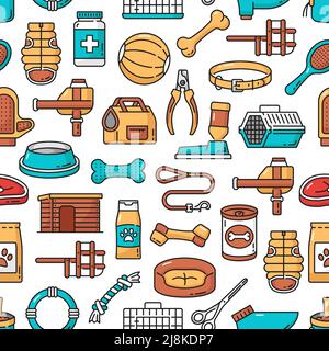 Hunde- und Welpenpflege auf nahtlosem Muster. Geschenkpapier oder Textildruck, Tapete mit Umriss Tierfutter, Pflegezubehör und Medikamente, Haustier Träger, Schnauze und Kragen, Ball, Knochen Welpen Spielzeug Stock Vektor