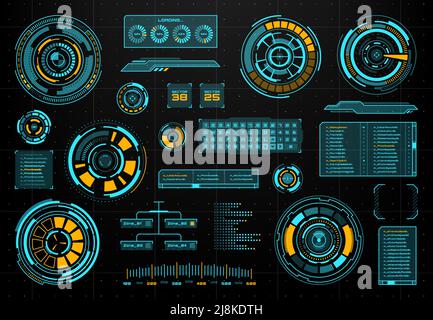 Futuristische HUD-Infografiken und Bildschirm-Bedienfelder mit Tachometer, visueller Daten- und Ladeleiste, Tastenfeld und Infobox-Set. HUD Interface Vektorrahmen, virtuelle Neon-Panels und elektronische Grafiken Stock Vektor
