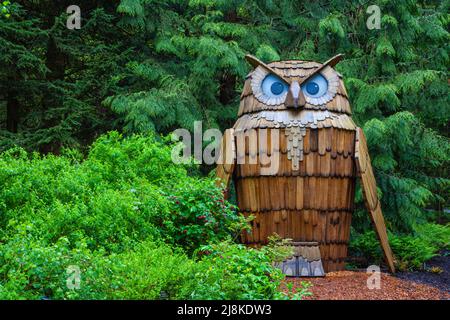 Große Holzeule in einer Ecke des botanischen Gartens VanDusen in Vancouver, Kanada Stockfoto