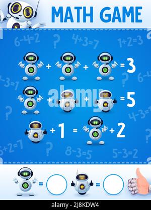 Cartoon-Roboter und Droiden auf Mathe-Spiel Arbeitsblatt. Bildung Labyrinth, Kinder mathematische Rätsel oder Puzzle mit Zusatz, Rechenaufgabe. Kinder Mathe spielen Aktivität Arbeitsblatt mit lustigen Droiden Stock Vektor