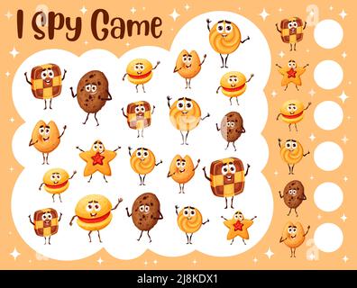 Ich spioniere Spielarbeitsblatt. Cartoon Bäckerei und Cookies Figuren. Kind Zählen Puzzle, Kinder pädagogische Rätsel Objekte suchen und Zählen Aufgabe oder Kinder Mathematik Quiz Vektor mit Dessert und Gebäck Stock Vektor