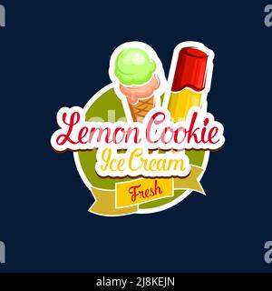 Zitrone Cookie Eis Vektor-Symbol der Milch Dessert und süße Lebensmittel. Eiskegel, Eisbecher oder Eisbecher mit Schokolade, Vanille- und Obstschaufeln, Keksen und Waffelbecher als isoliertes Symbol des Café-Designs Stock Vektor