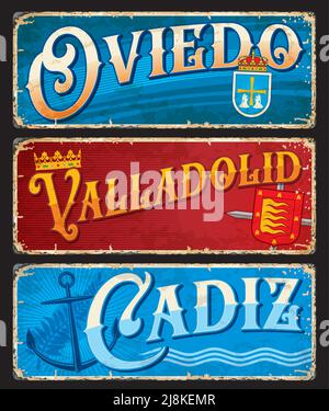 Oviedo, Cidz, Valladolid spanische Stadtschilder und Reisesticker. Vector Vintage Banner mit Spanien-Symbolen . Anker, Meereswellen, Pflanzenzweig, Wappenschild, touristische Wahrzeichen Stock Vektor