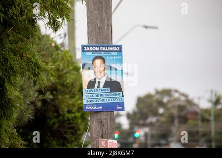 Australische Bundestagswahl 2022, Plakat-Korflöte, die das sitzende liberale Mitglied Jason Falinski im Bundessitz von Mackellar, NSW, Australien, fördert Stockfoto