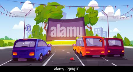 Autokino mit Autos auf dem Parkplatz. Kino im Freien für Auto. Vektor-Cartoon-Illustration der Sommerstadt Landschaft mit Open-Air-Kino mit leerem Bildschirm und Autos Stock Vektor