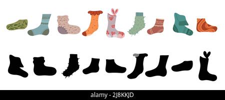 Vektor Kinder pädagogisches Spiel. Finden Sie den richtigen Schatten für verschiedene Cartoon Socken. Finde die richtige schwarze Silhouette für Strickkleidung. Horizontal Stock Vektor