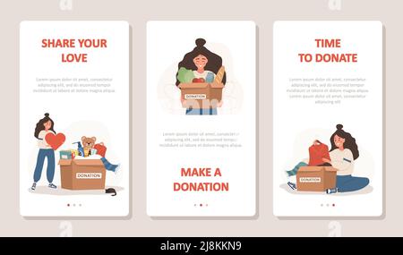 Spenden- und Wohltätigkeitskonzept. Freiwillige Frauen mit Kartons voller humanitärer Hilfe. Philanthropie. Zeit für Spenden. Teilen Sie Ihre Liebe. Vektor Stock Vektor