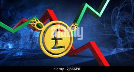 3D Darstellung des währungssymbols des britischen pfund. Aktienchart des britischen Pfunds auf abstraktem blauem Hintergrund. Bullischer Markttrend Stockfoto