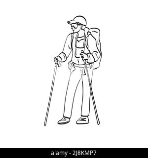 Wanderer junger Mann mit Rucksack und Trekking-Stöcke stehend Illustration Vektor Hand gezeichnet isoliert auf weißem Hintergrund Linie Kunst. Stock Vektor