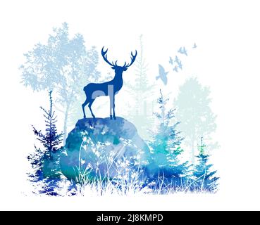 Hirsch im Wald blaue Silhouette. Vektorgrafik Stock Vektor