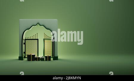 3D Eid al Adha Islamischer Hintergrund, Geschenkbox, mit Moschee-Tür, und 3D Eid Mubarak Festival Grußkarte Design. Stockfoto