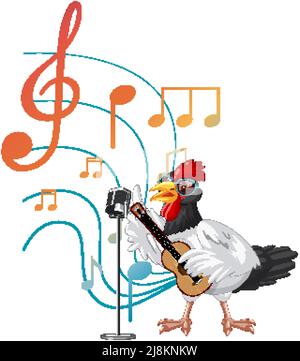 Huhn spielt Gitarre und singt mit Noten auf weißem Hintergrund Illustration Stock Vektor