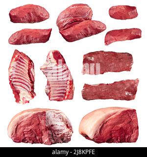 Collage aus isolierten rohen Fleischstücken aus Rindfleisch Stockfoto