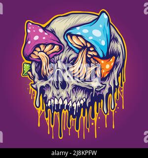Scary Schädel Pilze geschmolzen bunte Vektor-Illustrationen für Ihre Arbeit Logo, Merchandise T-Shirt, Aufkleber und Label-Designs, Poster, Grußkarten Stock Vektor