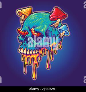 Psychedelischer Schädel Pilze geschmolzen bunte Vektor-Illustrationen für Ihre Arbeit Logo, Merchandise T-Shirt, Aufkleber und Label-Designs, Poster Stock Vektor