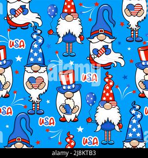 Garten Gnome und Feuerwerk Muster-Design in USA Farben - lustige Zeichnung nahtlose Muster. Tapete, Geschenkpapier. Alles Gute Zum Unabhängigkeitstag. Rot, whi Stock Vektor