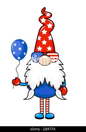 Niedlicher Juli 4.-Zwerg mit USA-Ballon - handgezeichnete moderne Zwerg-Illustration. Perfekt für Werbung, Poster, Ansage oder Grußkarten. Wunderschön Stock Vektor
