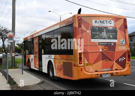 Hinter dem Kinetic Run PTV-Bus mit überwiegend orangefarbener Lackierung hielt er an der North Rd im Vorort Melbourne Stockfoto