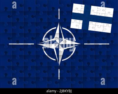 Symbolbild: Ein Puzzle mit dem Logo der NATO. Das fehlende Stück ist die Flagge Finnlands Stockfoto