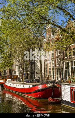 Amsterdam, Niederlande, Mai 2022. Die schiefen Giebel am Krom Boomsloot in Amsterdam. Hochwertige Fotos Stockfoto