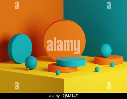 Minimaler abstrakter, geometrischer Hintergrund für die Produktdarstellung in einer hellen, einzigartigen Farbpalette. 3D Rendermockup für luxuriöse Schönheit und Kosmetik Stockfoto