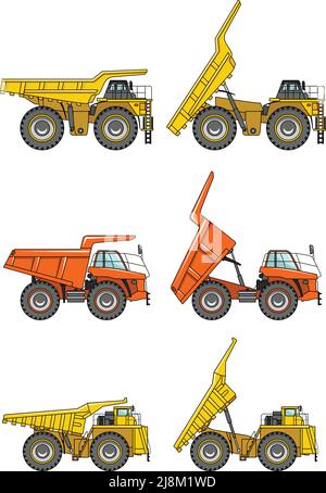 Detaillierte Darstellung von Bergbaumaschinen, schweren Geräten und Maschinen in flacher Ausführung. Stock Vektor
