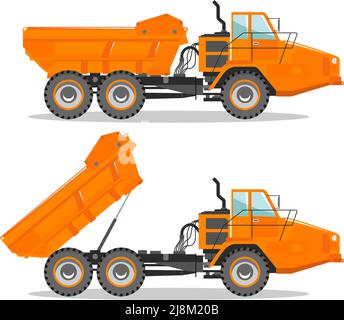 Detaillierte Abbildung des Miningtrucks. Off-Highway-Lkw mit unterschiedlicher Karosserieposition. Schwere Bergbaumaschinen Ausrüstung und Baumaschinen. Stock Vektor