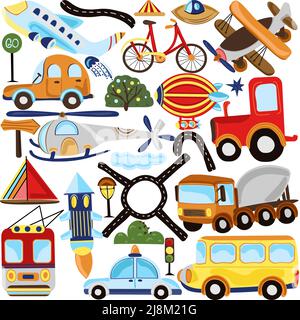 Sammlung von verschiedenen Arten von Straße, Luft-und Unterwasser Transport.Police Auto, Flugzeug, Fracht Automobil, Rakete, Fahrrad, Verkehrszeichen und mehr.Icon ideal für Postkarten, Scrapbooking, Poster.Vector Stock Vektor