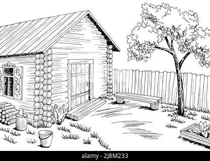 Dorf Hof Grafik schwarz weiß ländliche Landschaft Skizze Illustration Vektor Stock Vektor