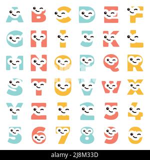 Satz von lustigen winkenden Buchstaben und Zahlen Zeichen isoliert auf weißem Hintergrund. Stock Vektor