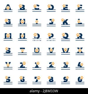 Vektor-Set von personalisierten Monogrammen mit Tierpfote Symbol. Kreative Buchstaben und Zahlen im Doodle-Stil. Stock Vektor