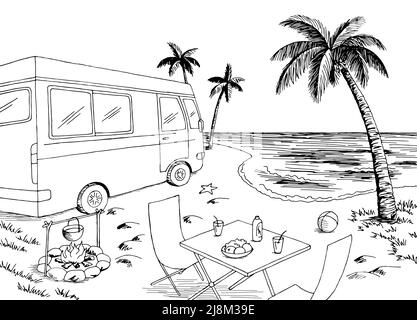 Küste Camping Grafik Strand schwarz weiß Landschaft Skizze Illustration Vektor Stock Vektor