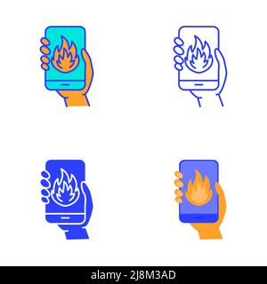 Smartphone mit Feuerbild-Symbol in flacher und liniger Ausführung. Schlechte Nachrichten, Notfall- oder Krisensymbol. Vektorgrafik. Stock Vektor
