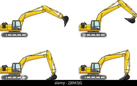 Detaillierte Darstellung von Baggern, schweren Geräten und Maschinen Stock Vektor