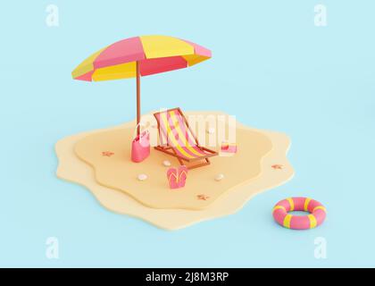Sommerurlaub am Strand 3D Render - Karikatur Szene von Sommerurlaub am Meer an der Küste. Stockfoto