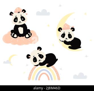 Set von niedlichen Panda-Zeichen. panda auf Wolke, schlafende Tier auf Mond und auf Regenbogen. Vektorgrafik. Niedlicher Bär im skandinavischen Stil für Poster Stock Vektor