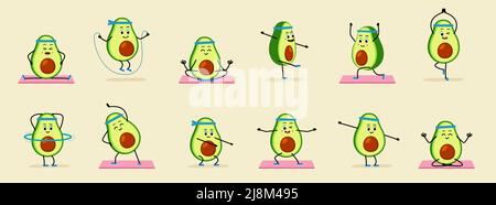 Cute Avocado machen Übung. Konzept eines gesunden Lebensstils und Fitness. Yoga-Training. Stock Vektor