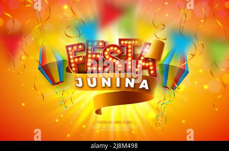 Festa Junina Illustration mit Light Bulb Billboard Schriftzug, Papierlaterne und Band auf Sun Yellow Hintergrund. Vector Brasilien Juni Saint John Stock Vektor