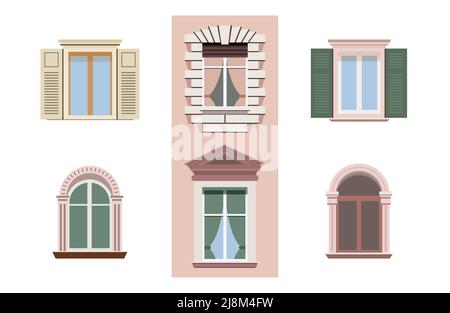 Stadtfenster im Retro-Stil. Große Reihe von verschiedenen Fenstern. Isoliert Stock Vektor