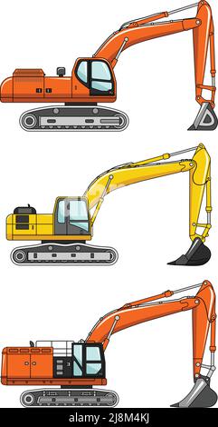 Detaillierte Darstellung von Baggern, schweren Geräten und Maschinen Stock Vektor