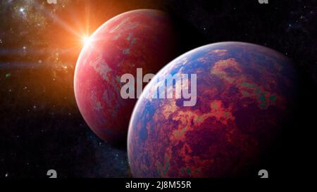 Erforschung neuer Welten, Raum und Universum, neuer Galaxien. Planeten im Hintergrund. Exoplaneten. Solarsysteme. 3D Rendern Stockfoto