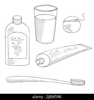 Zahnbürste Set Grafik schwarz weiß Skizze isoliert Illustration Vektor Stock Vektor