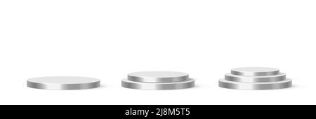3D Kreis Podium Set für Produktpräsentation Vektor Illustration. Realistische silberne Plattformen mit einem, zwei und drei Schritten, Zylinderfuß-Modell Stock Vektor