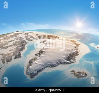 Physische Karte des Planeten Erde, fokussiert auf Grönland. Satellitenansicht des Nordpols und des Arktischen Ozeans. Von der NASA eingerichtete Elemente Stockfoto